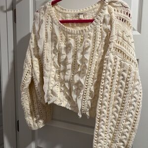 Lalavon Cropped Cream Ruffled Sweater Size L